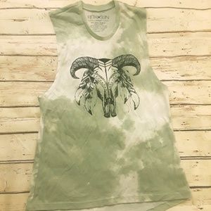 Fifth Sun Tie Dye Boho Cow Skull T-Shirt Tank (M)